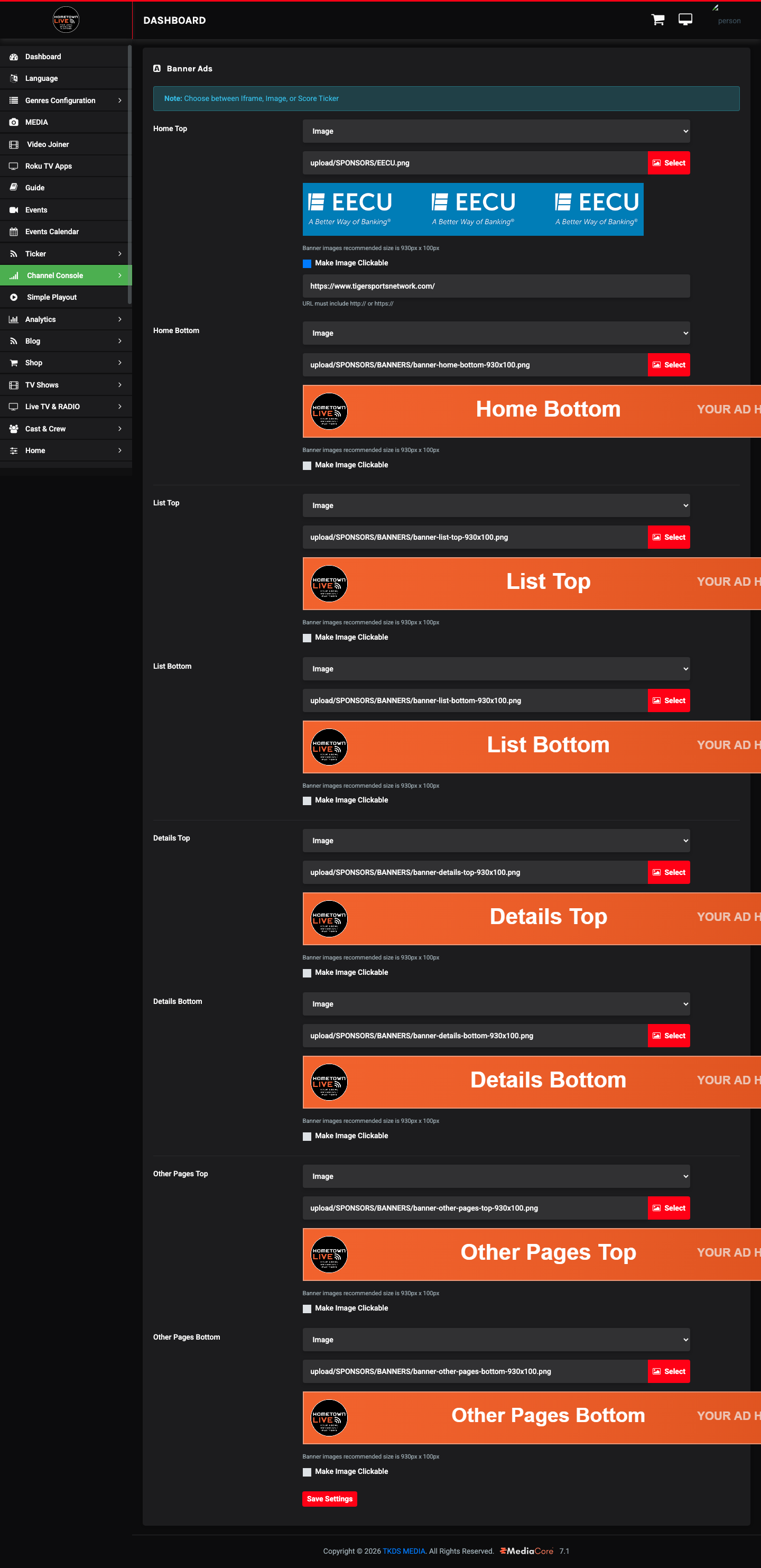 Banner Ads settings page