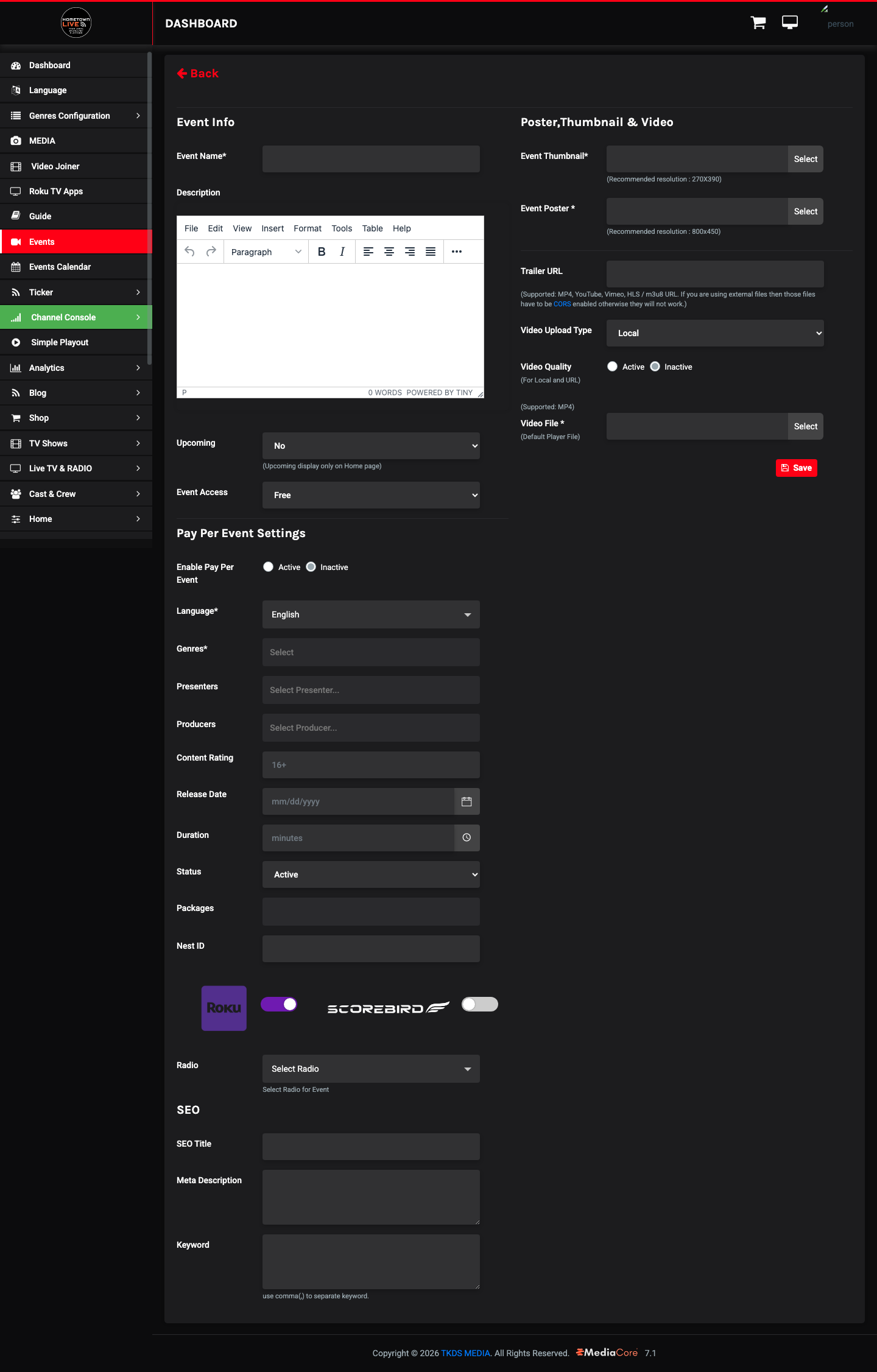 Completed event creation form