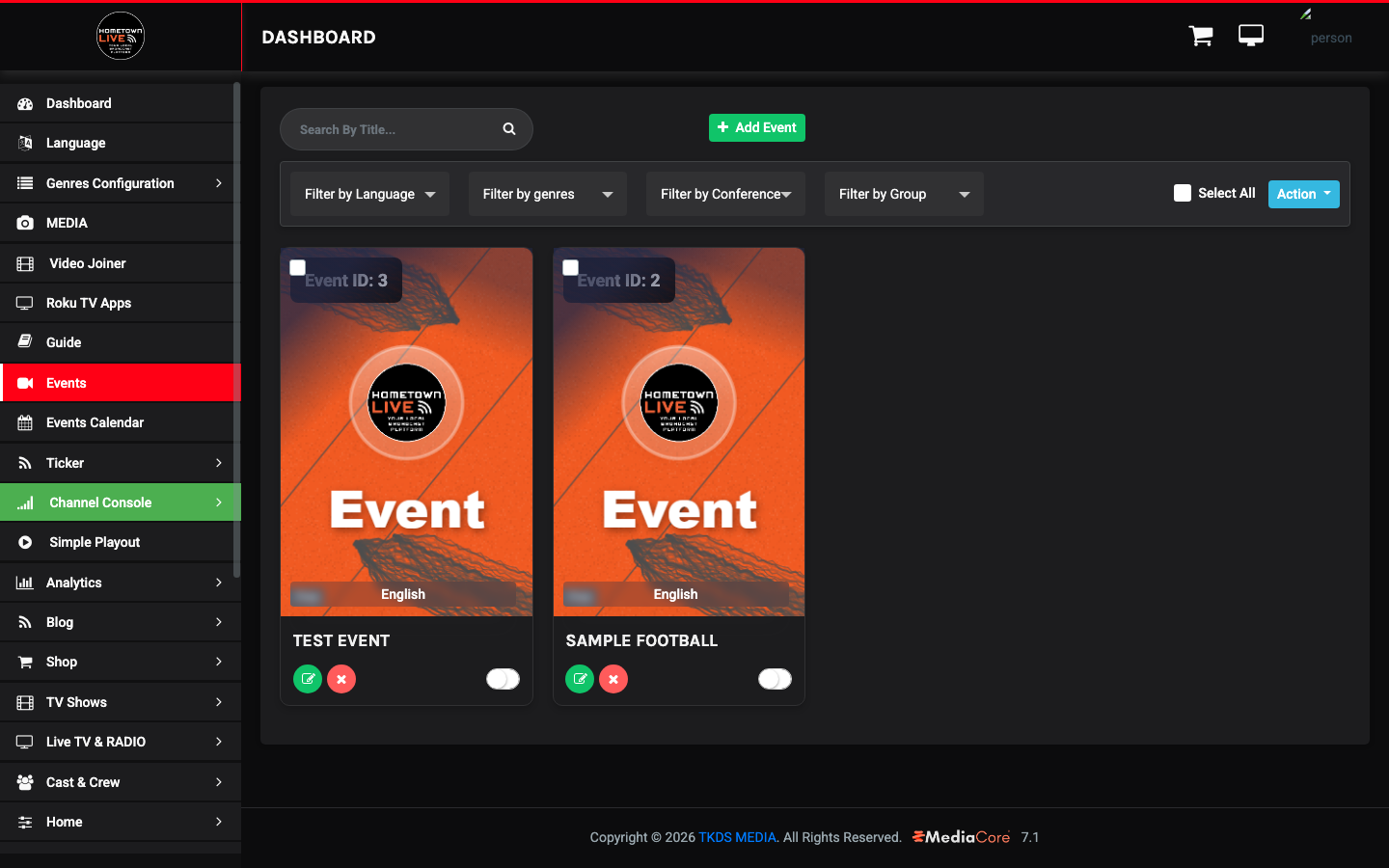 Admin Events list