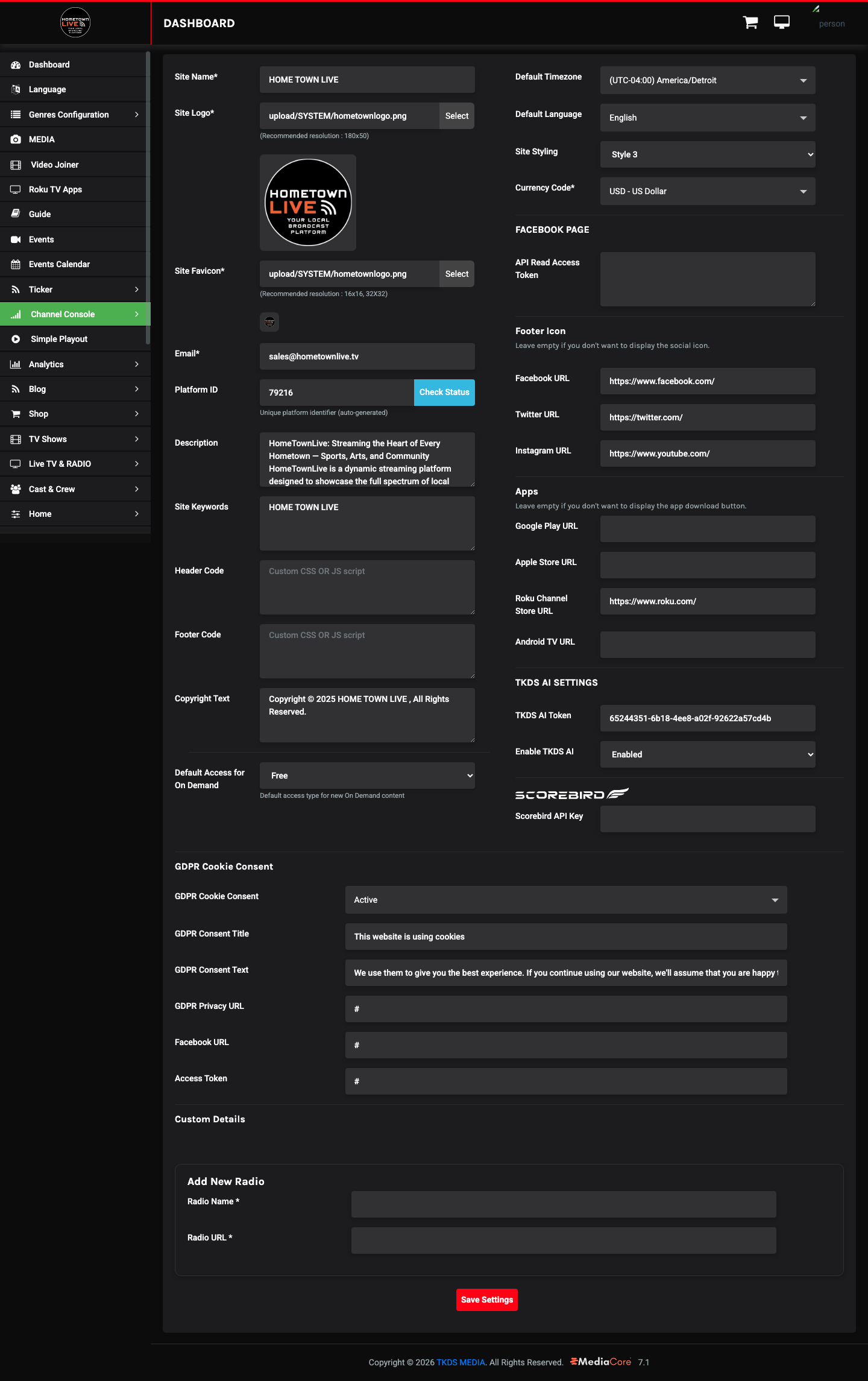 General Settings page