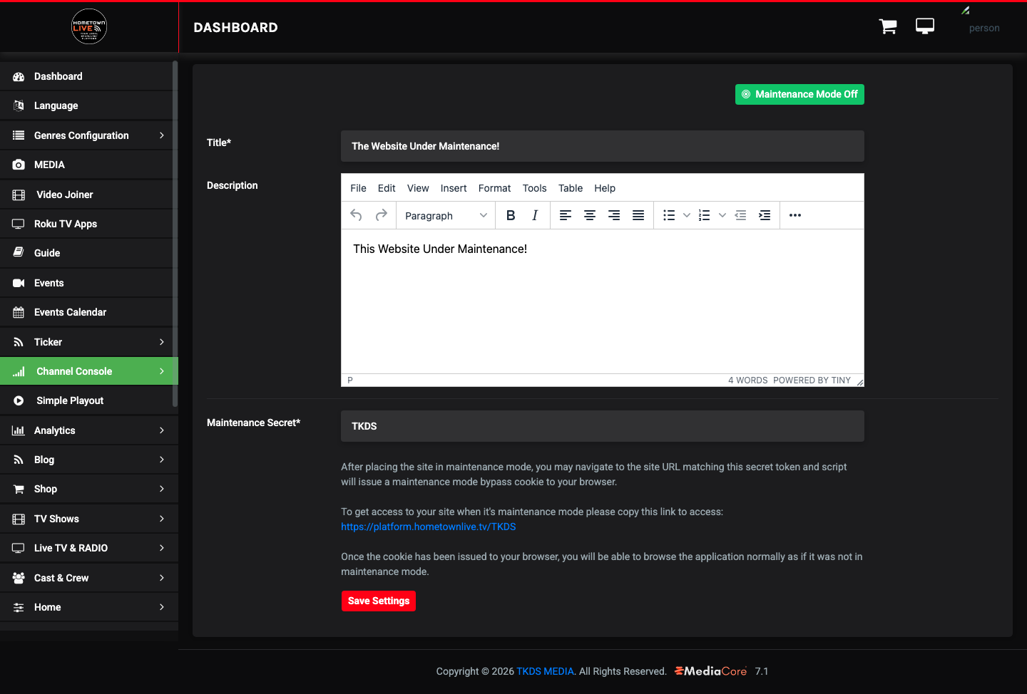 Site Maintenance settings page