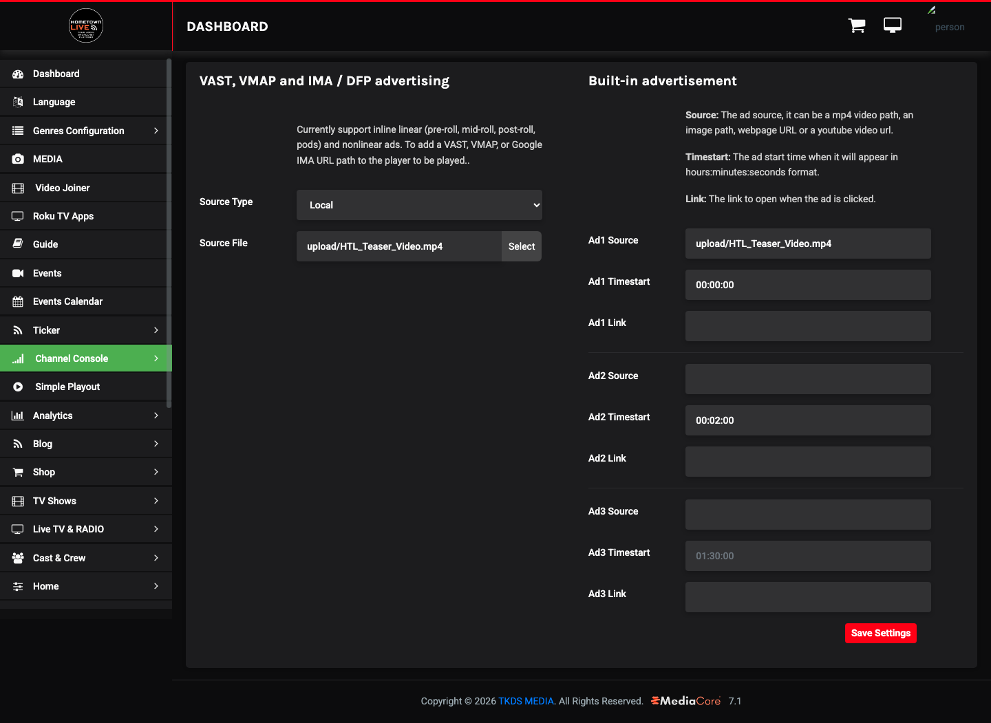 Player Ad Settings page