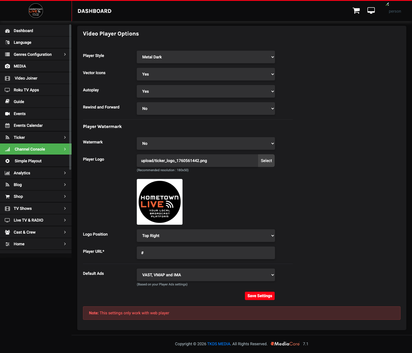 Video Player Settings page