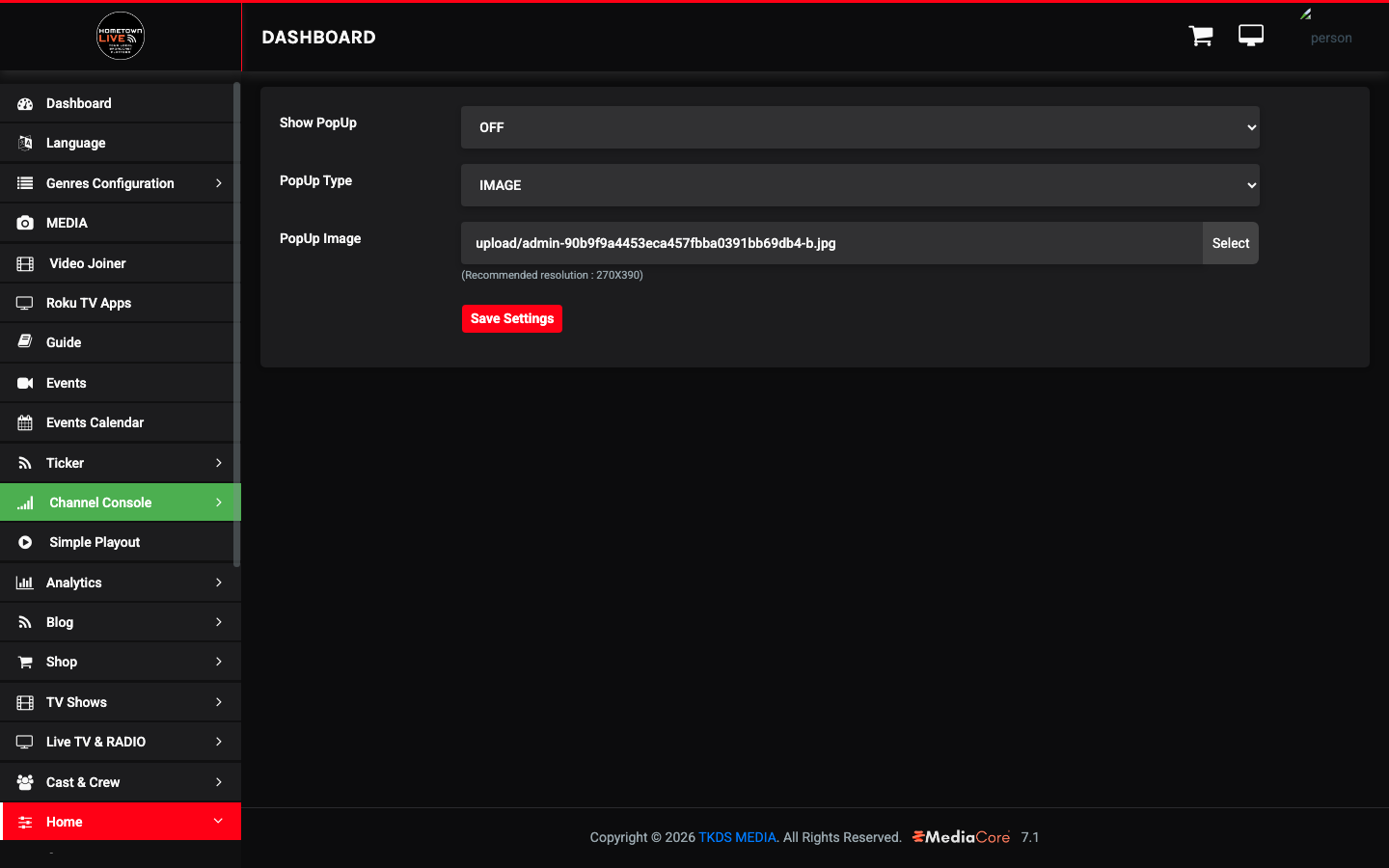 Popup settings page