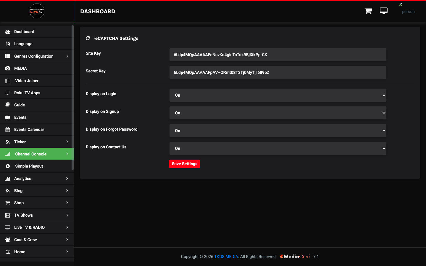 reCAPTCHA settings page