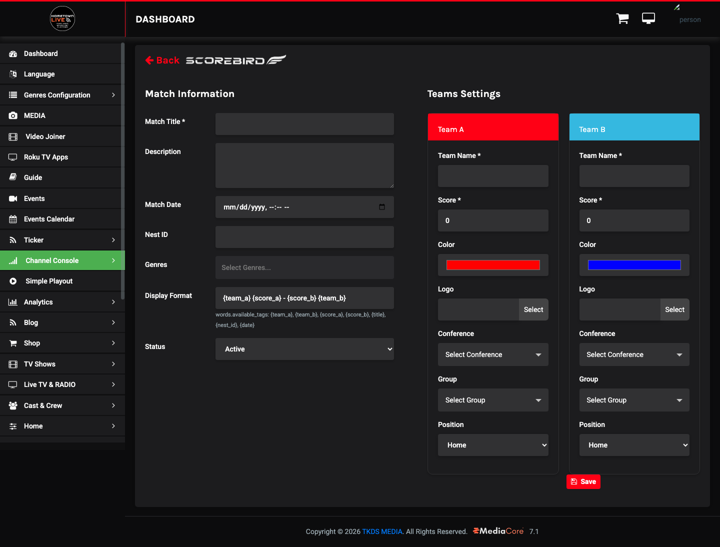 Add Score Ticker form