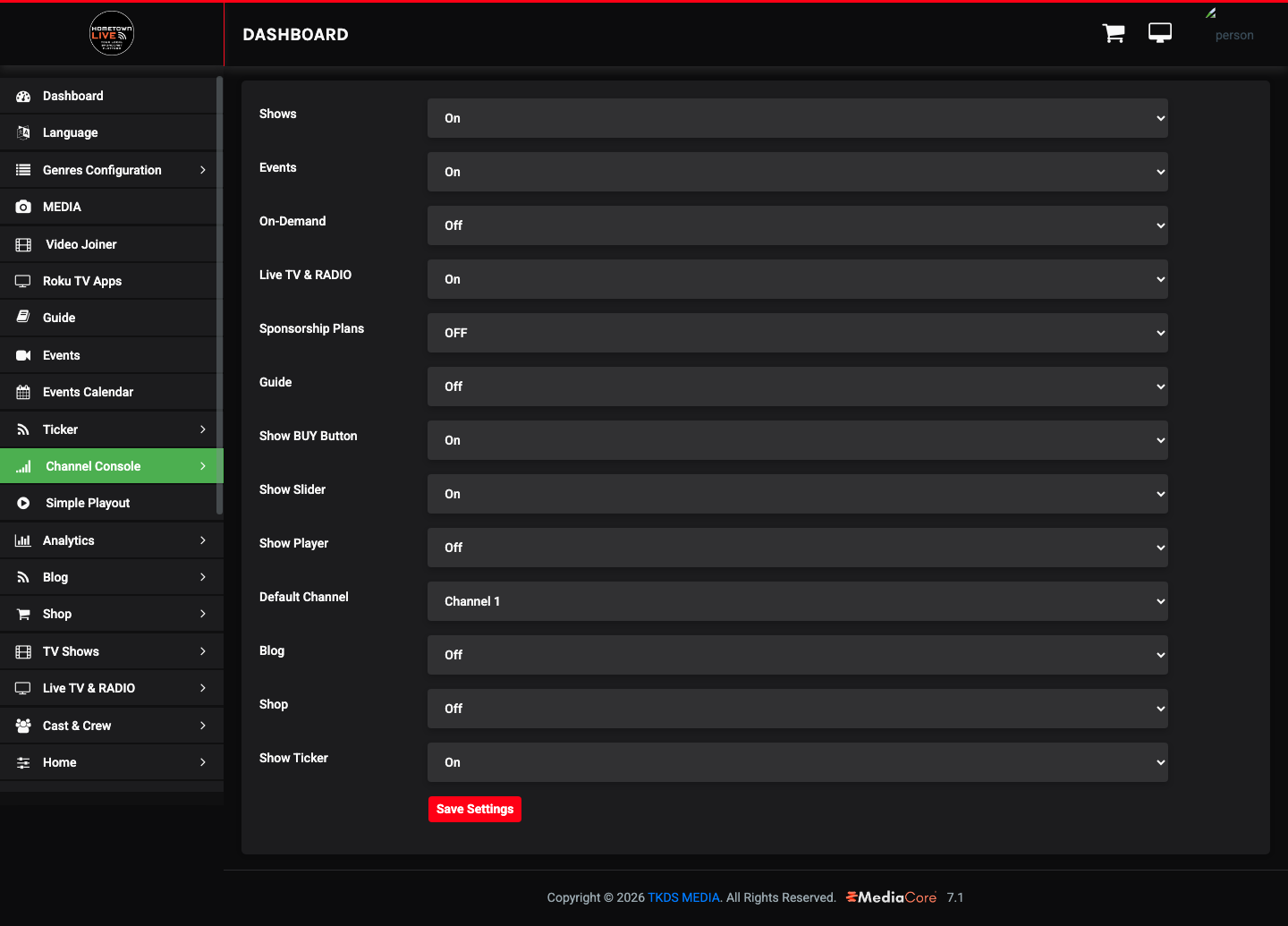 Menu Settings page