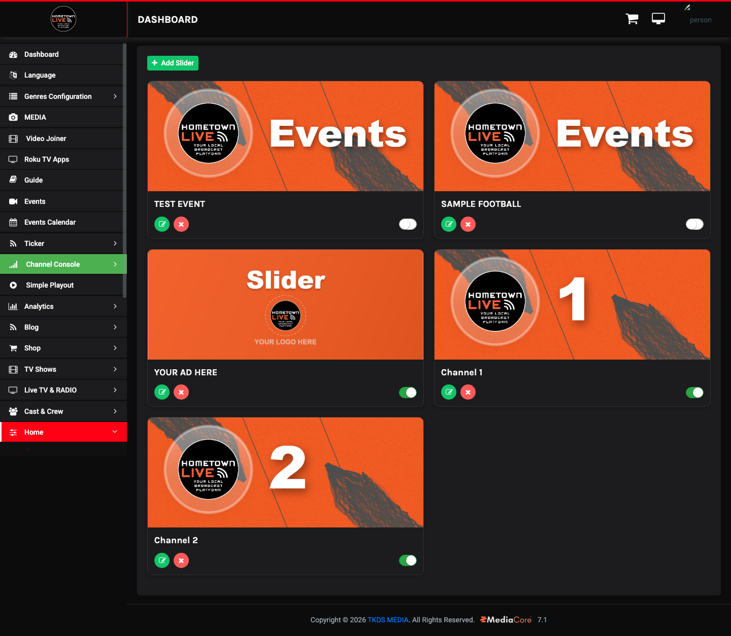Slider management page