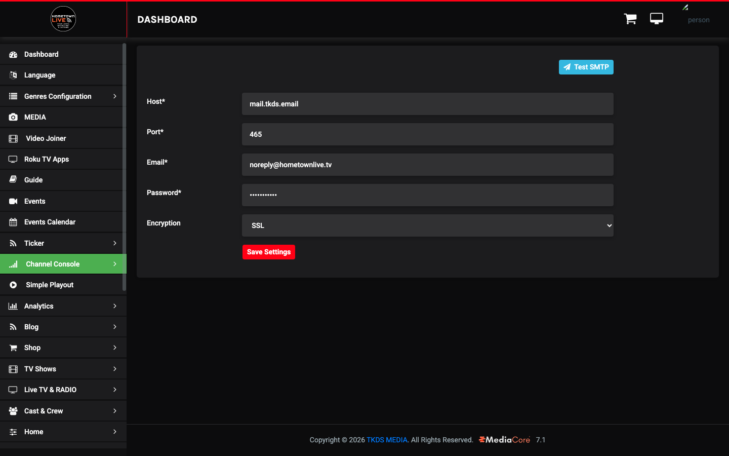 SMTP Email settings form