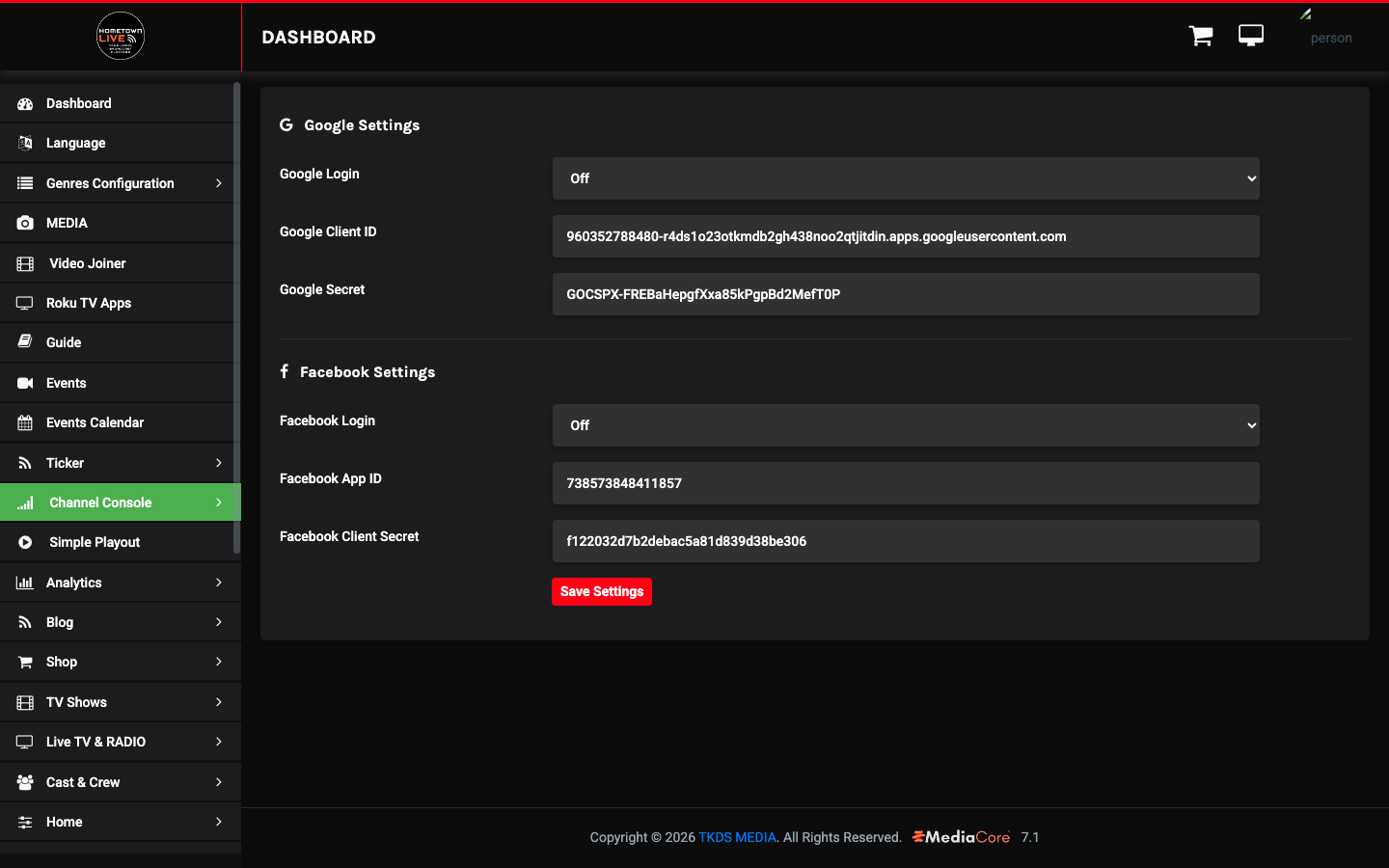 Social Login settings page