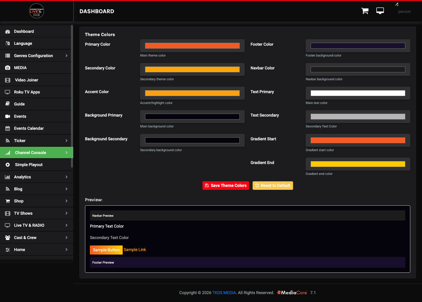 Theme Colors settings page with live preview