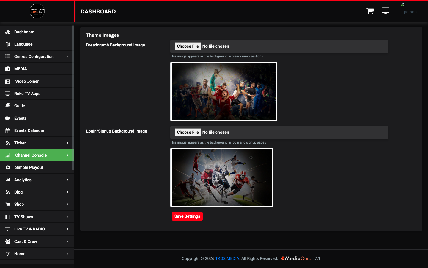 Theme Images settings page