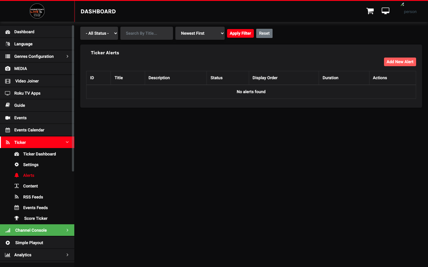 Ticker Alerts list