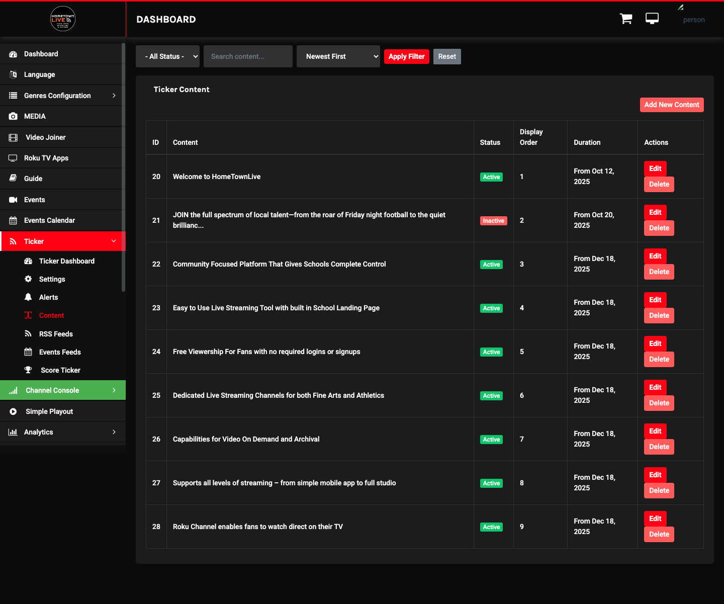 Ticker Content list