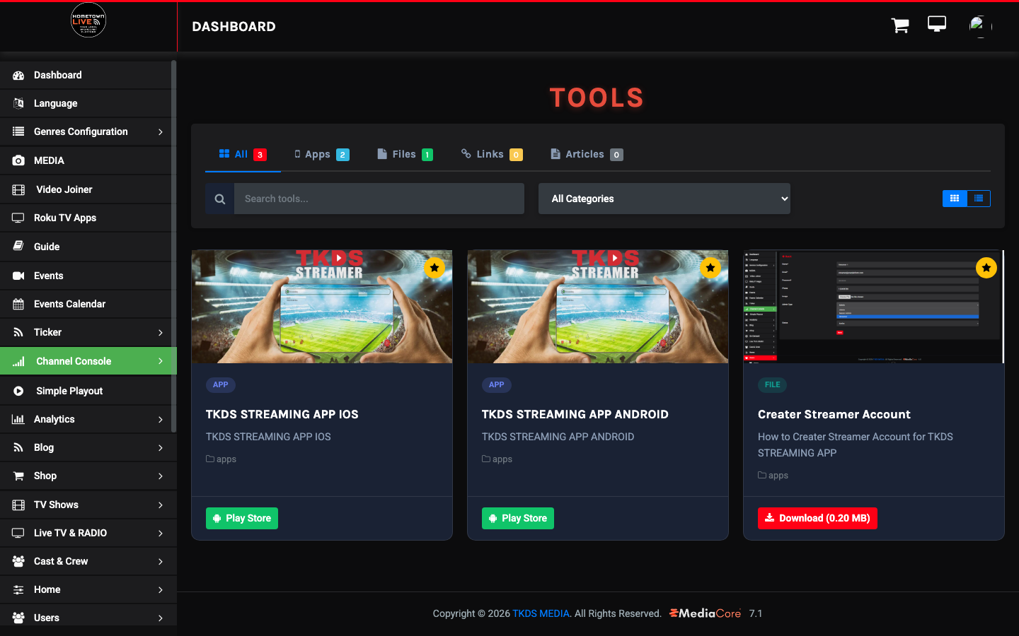 Admin tools and downloads page