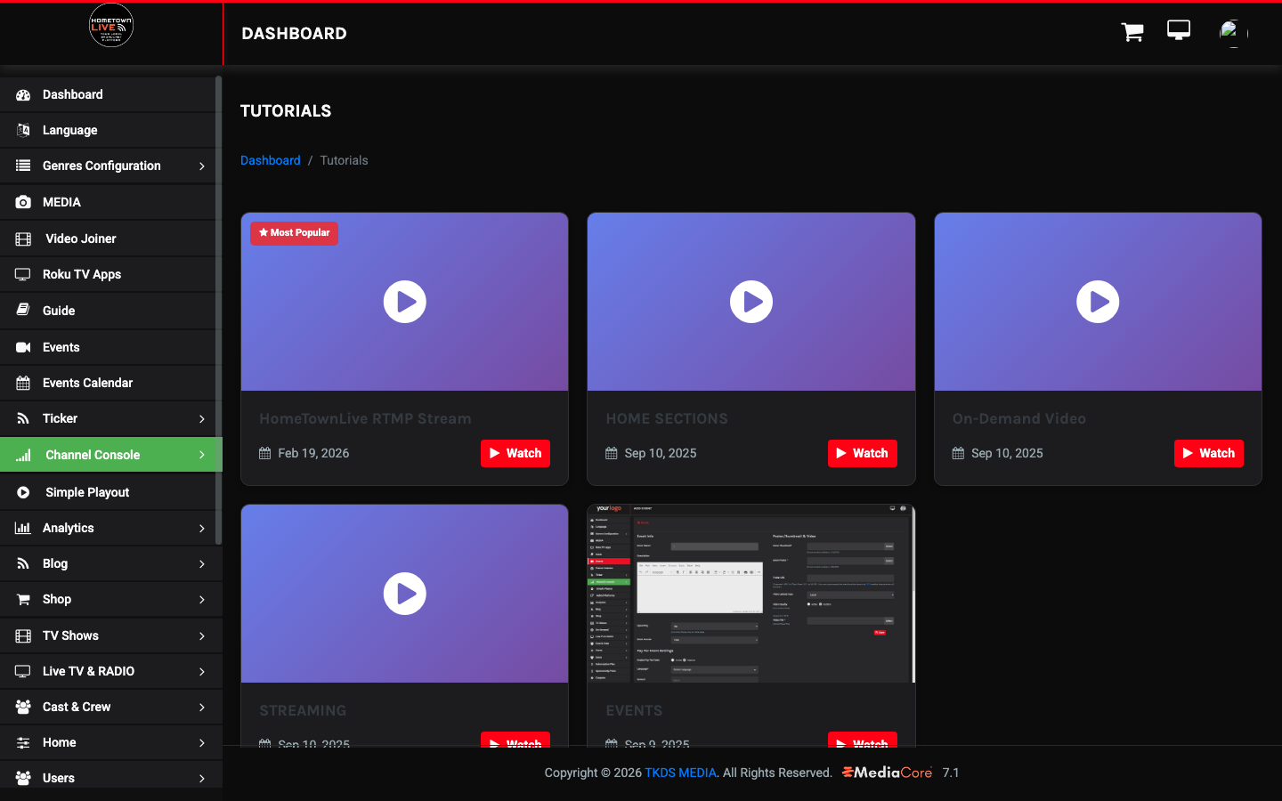 Admin tutorials list