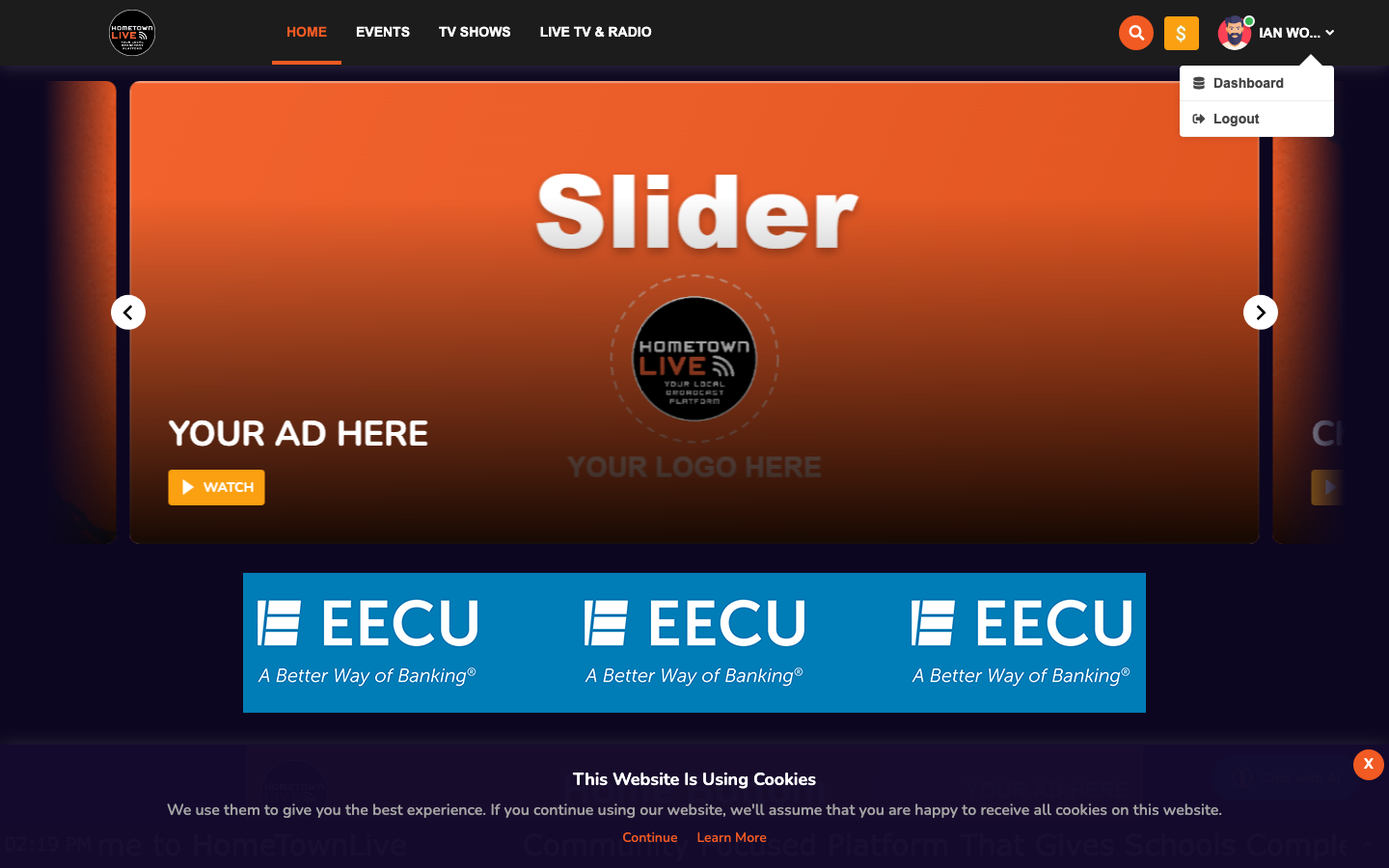 User menu with Dashboard link