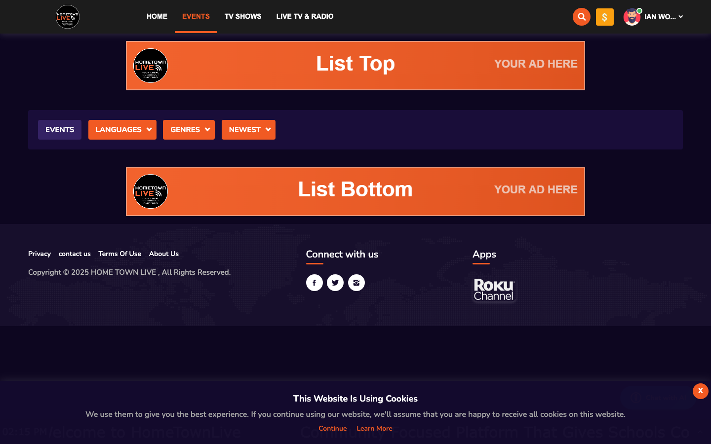Events listing page
